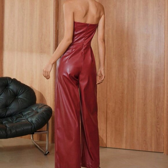 Red Party Women's Elegant Casual Bandeau Wide Leg Jumpsuits - Picture 2 of 7